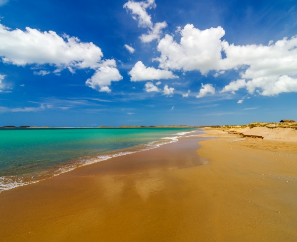 Playa de arena dorada con aguas turquesas y cielo azul con nubes blancas, ubicada en un entorno natural y tranquilo.