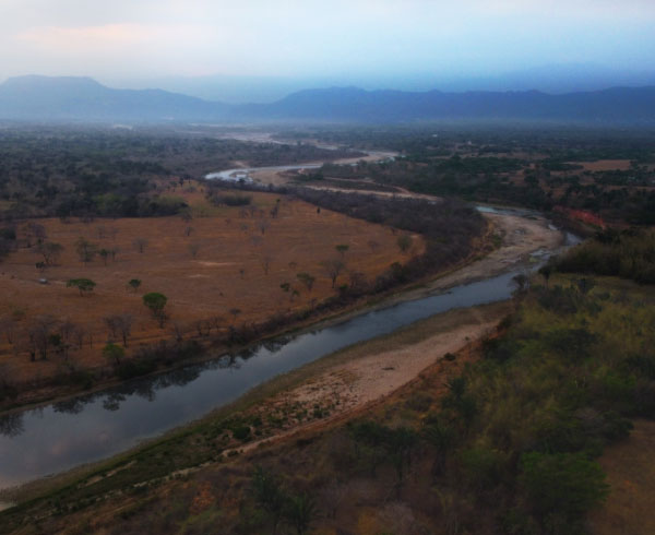 Vista aérea de un paisaje llanero con un río serpenteante, vegetación seca y montañas en el horizonte.