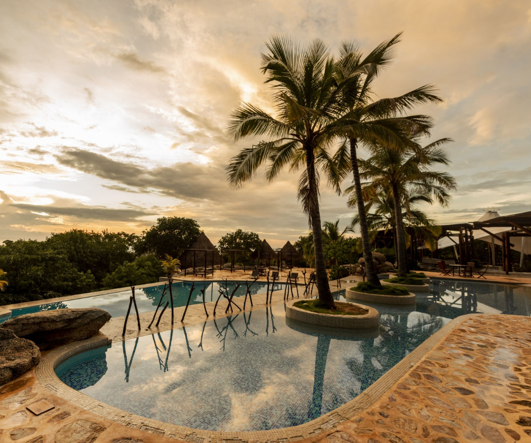 Piscina exterior rodeada de palmeras al atardecer, con reflejos en el agua y un paisaje tropical de fondo.