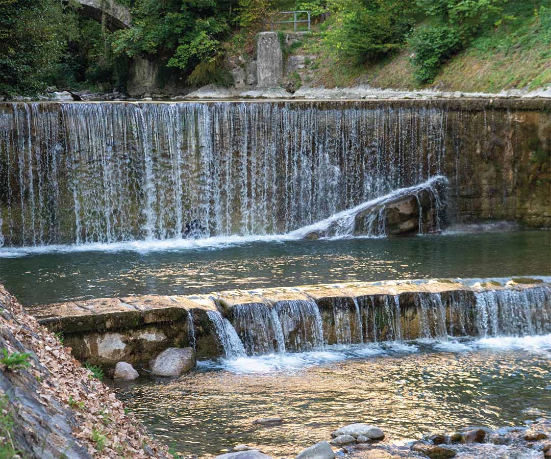 Pequeña presa con caída de agua en un entorno natural.