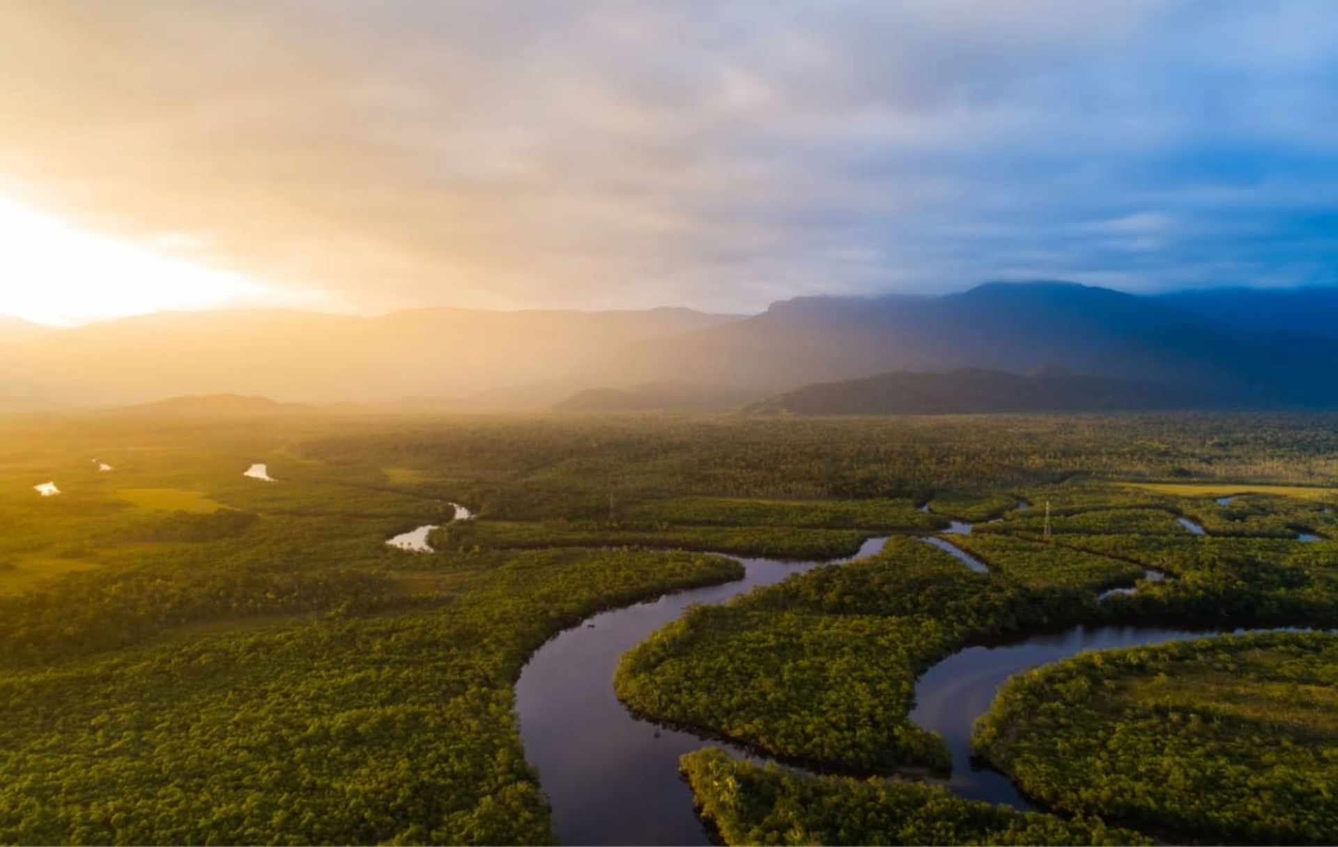 ista aérea del río Amazonas serpenteando a través de un exuberante paisaje verde al amanecer.