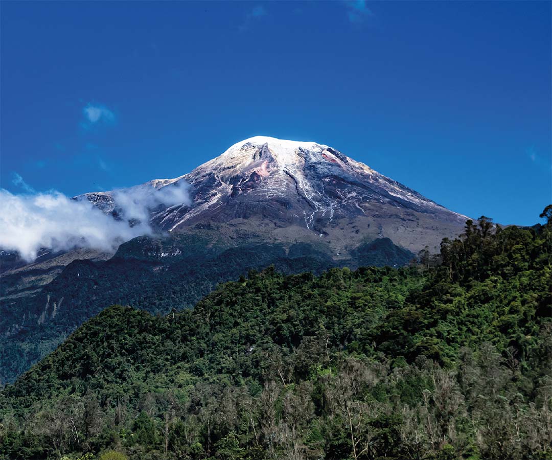 Vista del Nevado del Tolima con su cumbre nevada bajo un cielo despejado, rodeado de densa vegetación y montañas verdes.