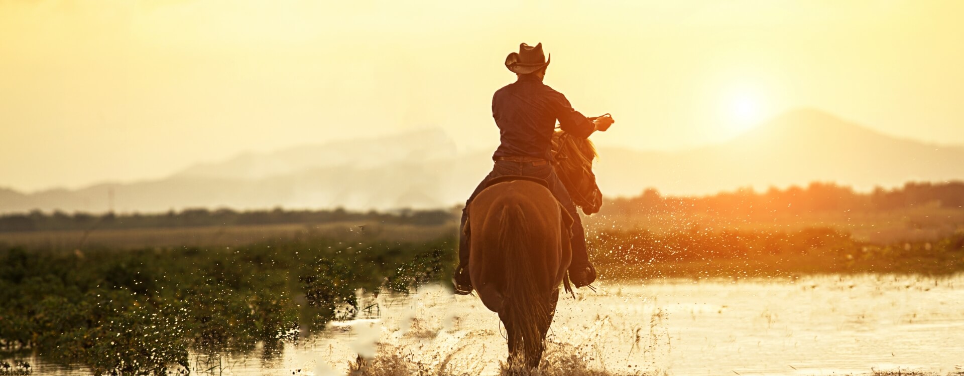 Jinete cabalgando sobre un caballo a través de un cuerpo de agua al atardecer.