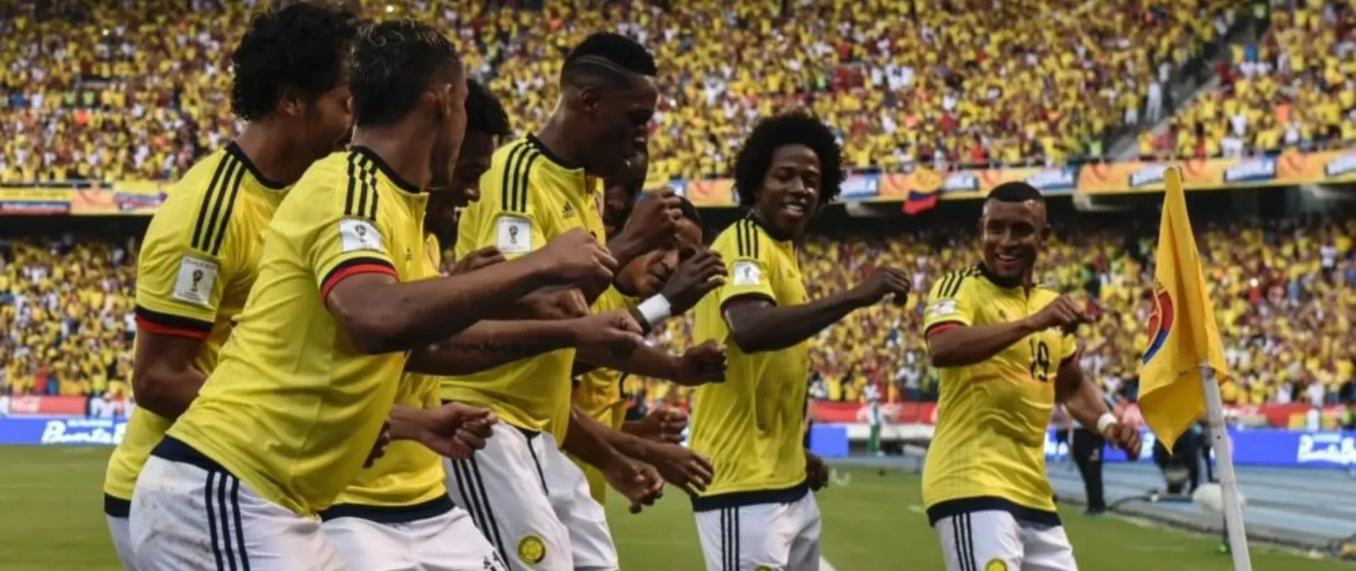 Colombian national team celebrating a goal by dancing