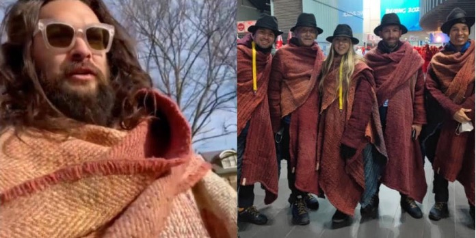 Jason Momoa y jugadores de los Juegos Olímpicos de Invierno con ruana