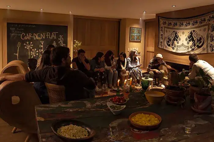 The fireplace, the heart of the clandestine dinners at Garden Flat.