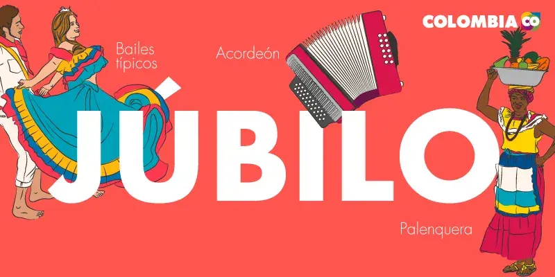 La gente representa la identidad colombiana - Ilustración palenquera, acordeón y pareja bailando | Marca País Colombia
