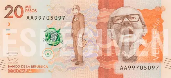 Reverso del billete de 20 mil pesos colombianos.