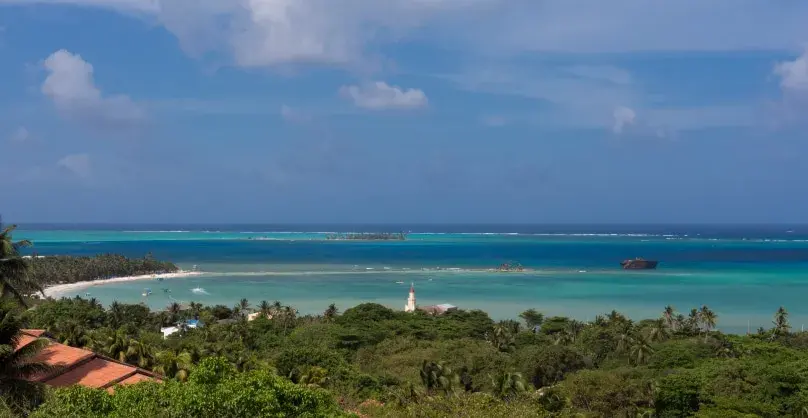 Playa de arena blanca con palmeras y mar turquesa en San Andrés.