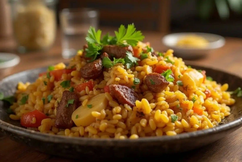Plato de arroz paisa con trozos de carne, papas y vegetales, decorado con hojas de perejil fresco