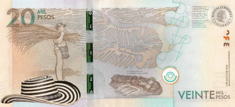Reverso del billete de 20 mil pesos colombianos.