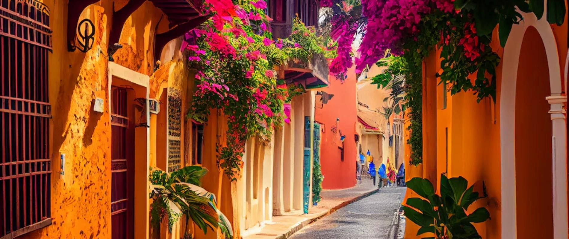 Calle de Cartagena en medio de hermosas flores y balcones