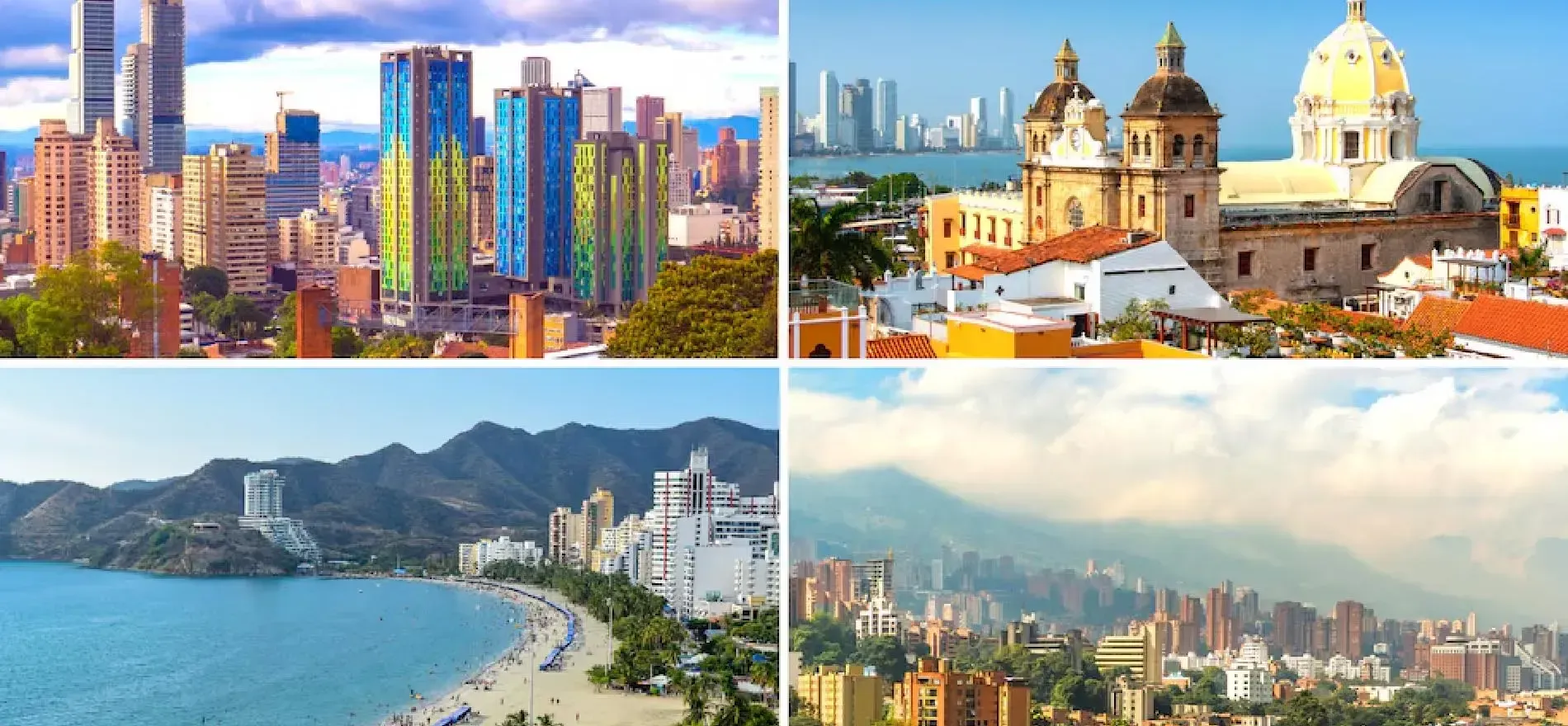 Panorámicas de ciudades colombianas como Bogotá, Cartagena y Medellín