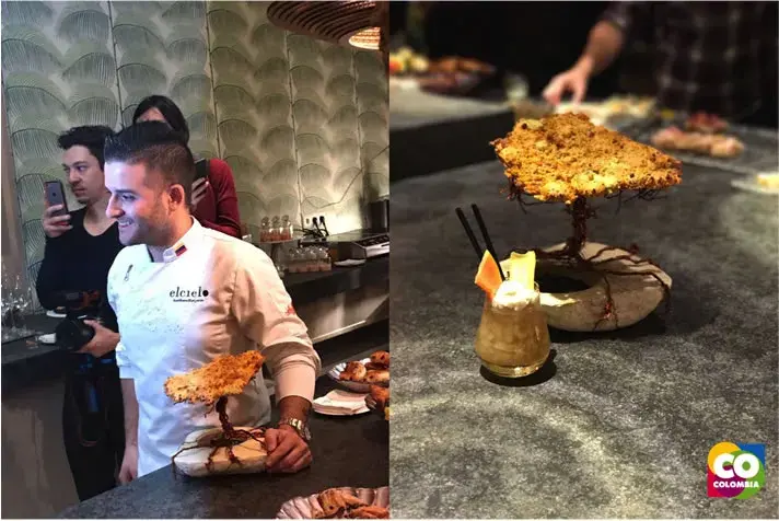 Chef Juan Manuel Barrientos con un plato creativo y un primer plano del mismo en El Cielo.