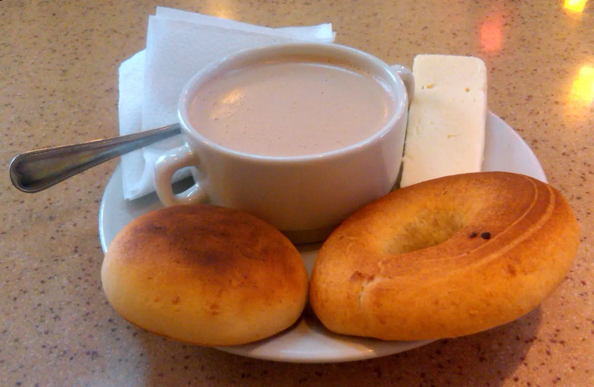 Hot chocolate with typical Colombian bread and cheese.