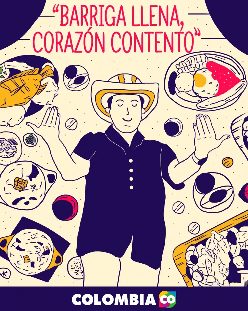 Ilustración de hombre feliz rodeado de comida colombiana.