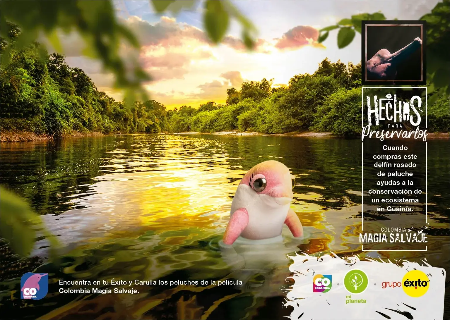 Delfín rosado de peluche en río, campaña de conservación en Guainía.