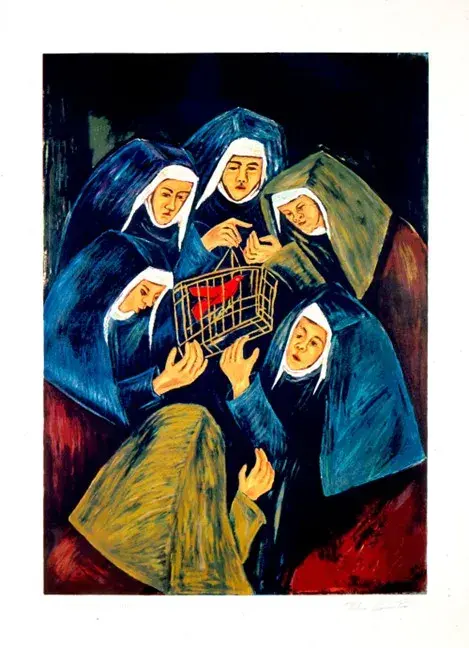 pintura de monjas observando un cardenal en una jaula