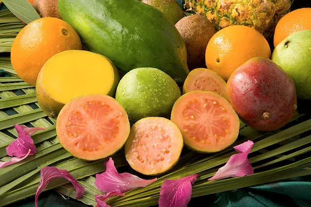 Variety of fresh and colorful tropical fruits.