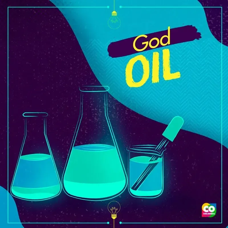 Illustration of jars with liquids labeled God Oil