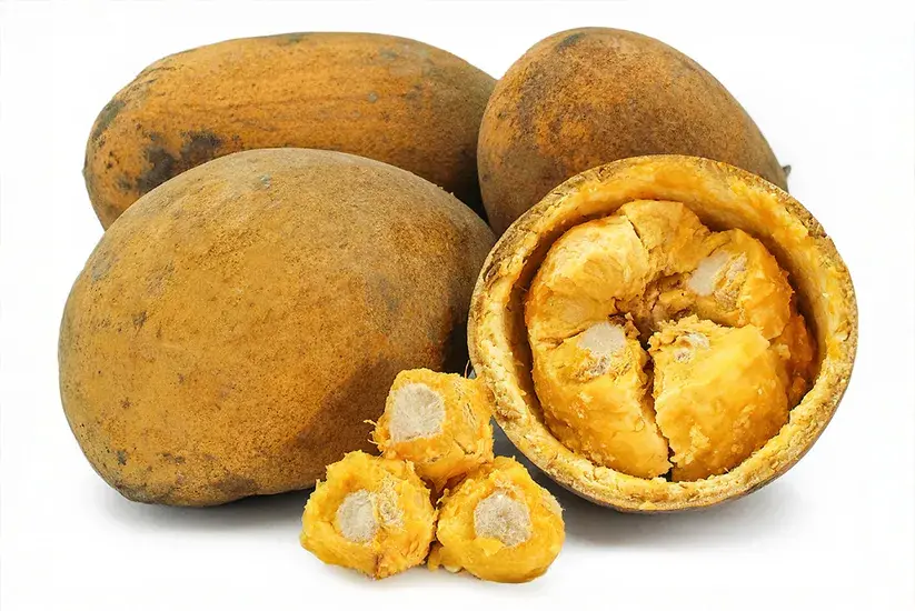 Group of almirajo fruits, one open showing its pulp