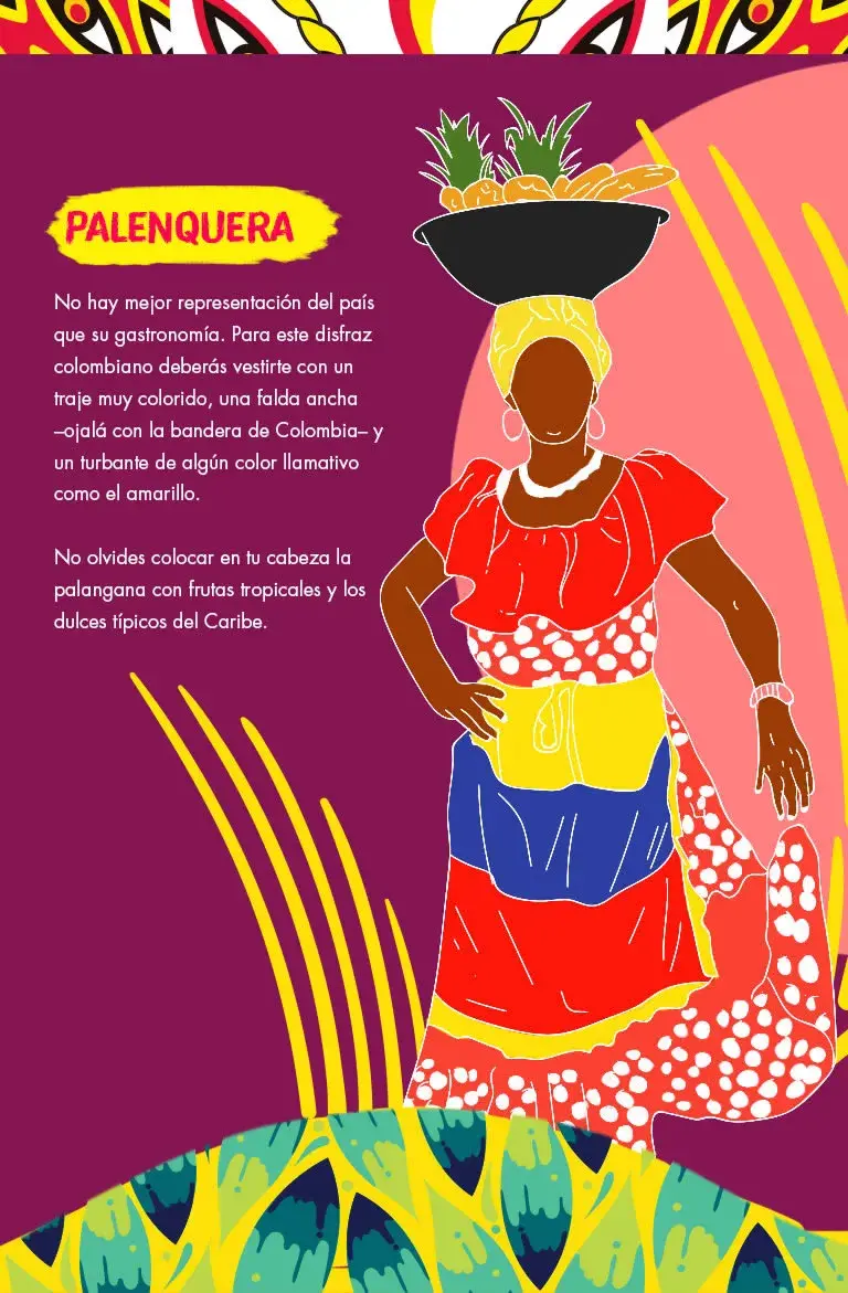 Ilustración de una palenquera con vestido tradicional, turbante y canasta de frutas en la cabeza.