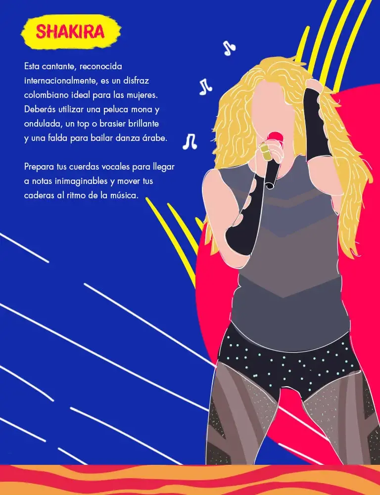 Ilustración de Shakira con cabello rubio, micrófono y atuendo de concierto, sobre fondo azul.