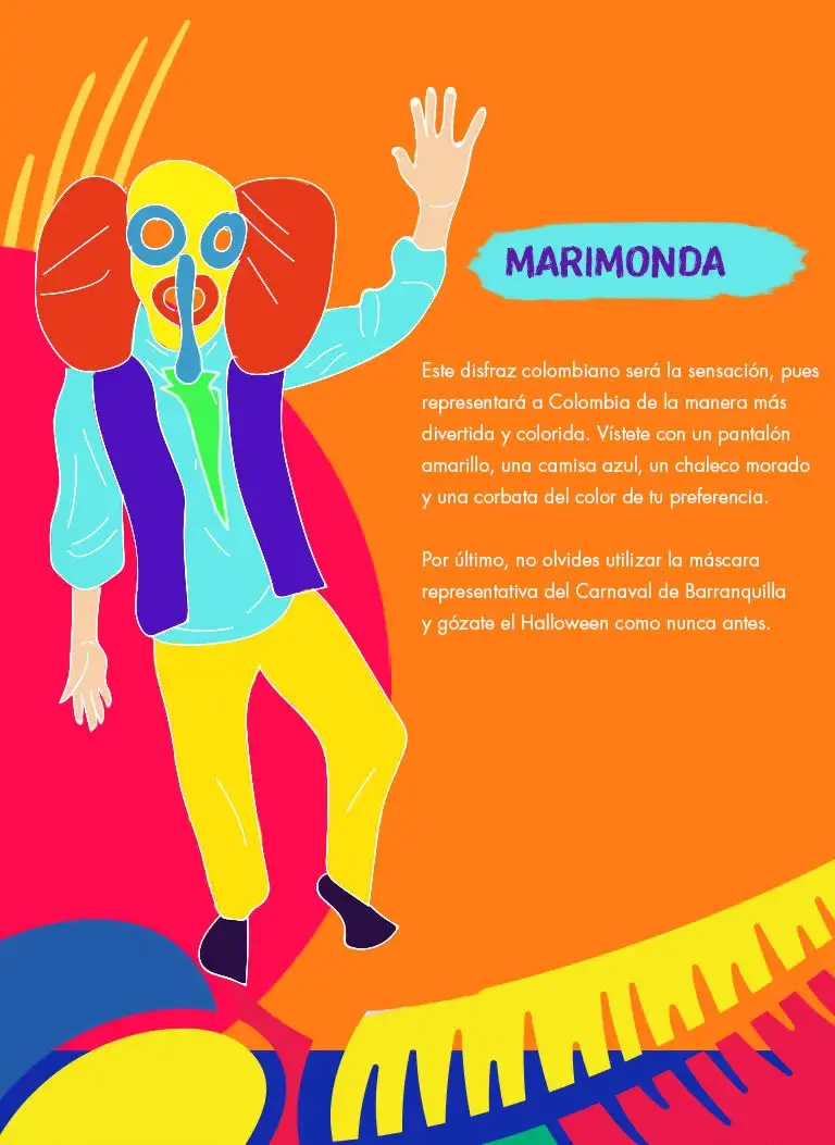 Ilustración colorida de la Marimonda, personaje del Carnaval de Barranquilla con máscara de orejas.