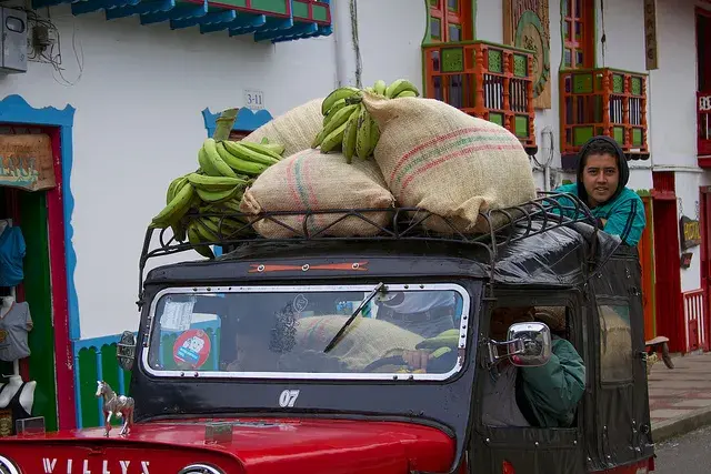 Jeep loaded with bananas in a Colombian village.