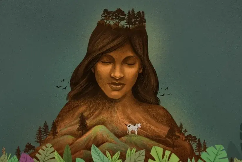Artistic representation of Madremonte with a mountain-shaped body and forest hair