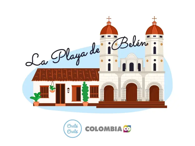 Ilustración de iglesia y casa colonial en La Playa de Belén
