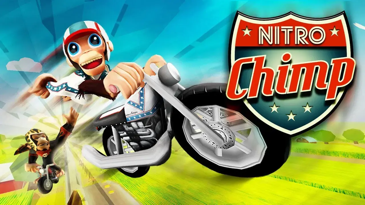 Logo de Nitro Chimp: Chimpancé en moto saltando con un escudo de logo.