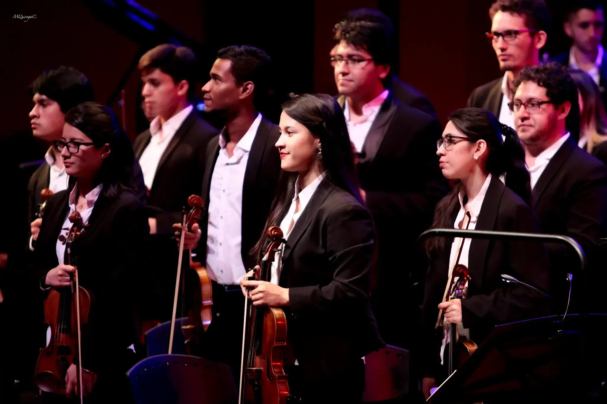 Integrantes de orquesta con violines en concierto