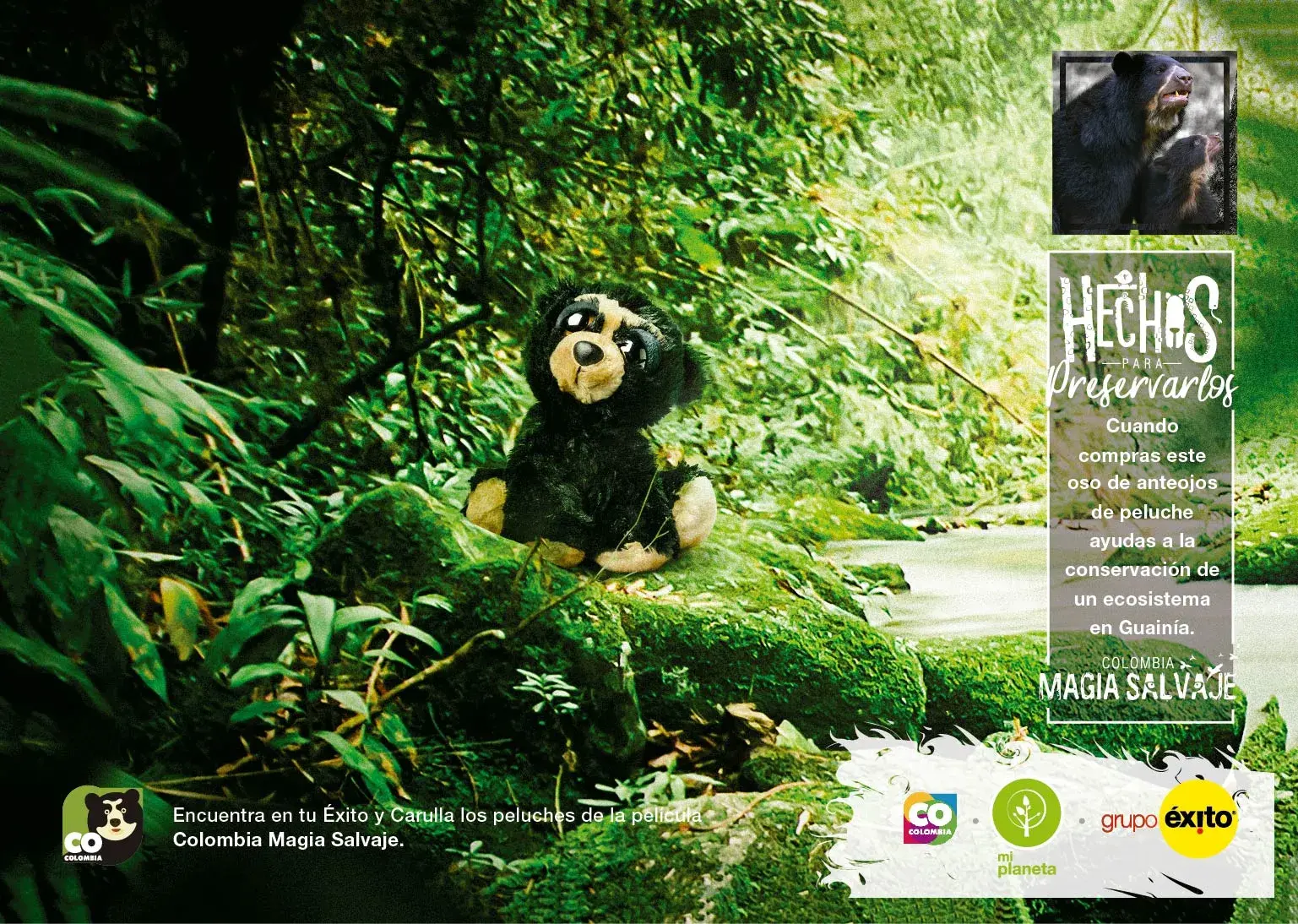 Oso de anteojos de peluche en el bosque, protección de ecosistema.