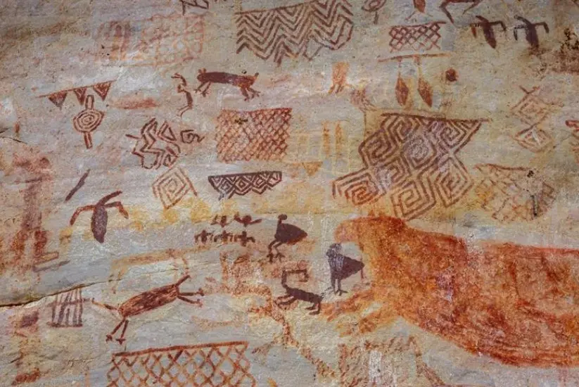 Ancient rock paintings showing intricate designs and animal figures in San José del Guaviare