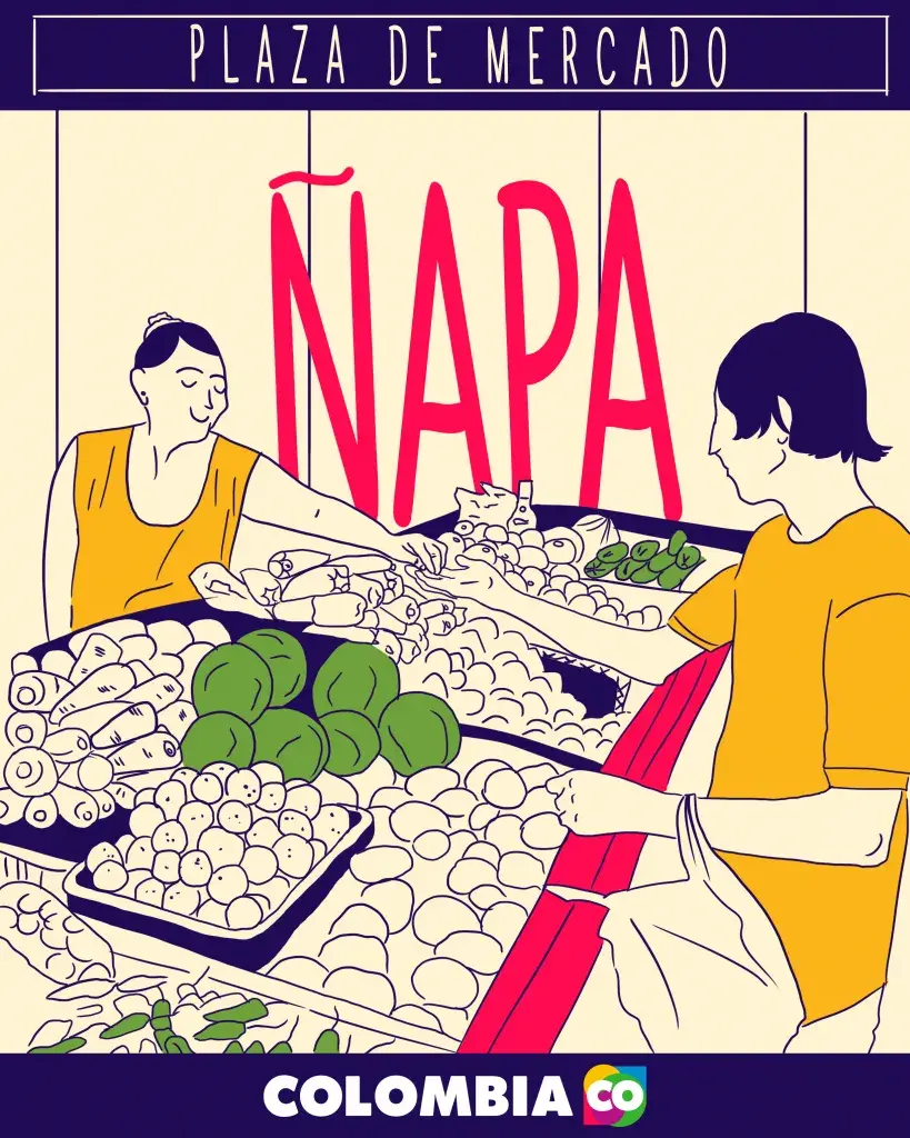 Ilustración de personas comprando en una plaza de mercado en Nariño.
