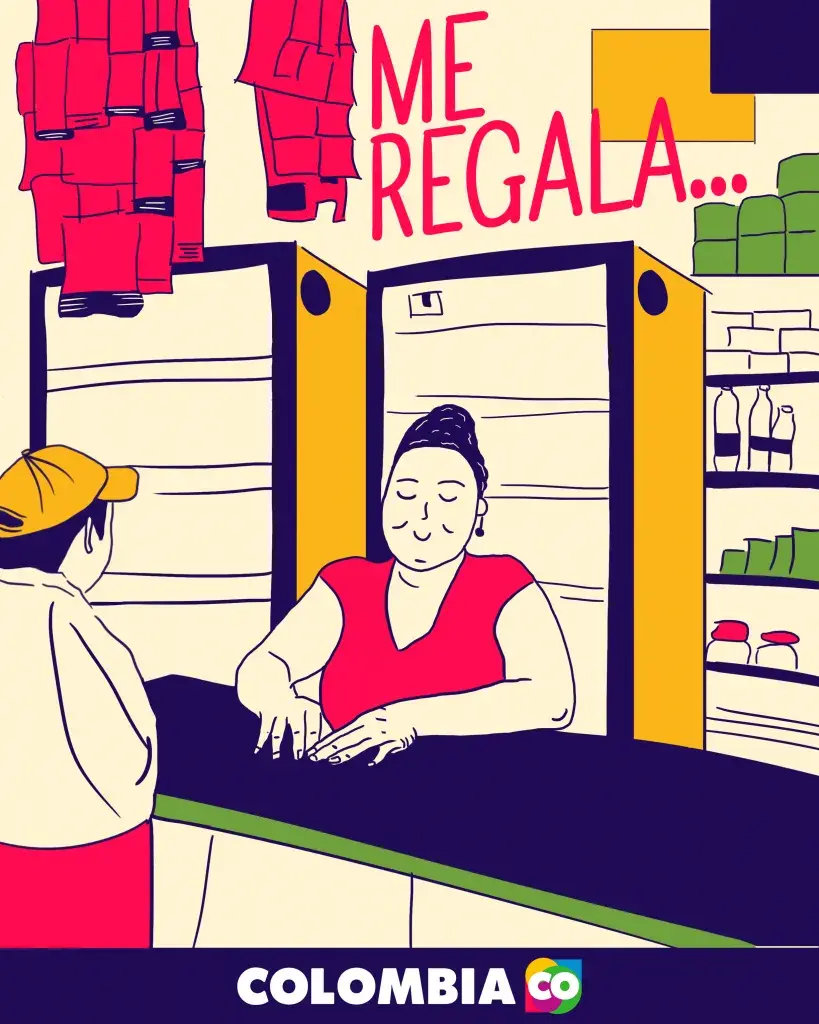 Ilustración de una vendedora en una tienda colombiana.