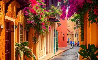 Calle de Cartagena en medio de hermosas flores y balcones