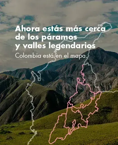 Montañas de páramo con mensaje turístico y mapa de Colombia sobrepuesto
