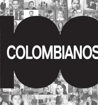 Logo de 100 Colombianos con fondo de retratos en blanco y negro