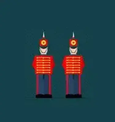 Ilustración de dos soldados con uniforme rojo y casco con lanza sobre fondo verde oscuro
