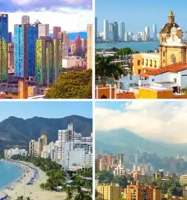 Panorámicas de ciudades colombianas como Bogotá, Cartagena y Medellín