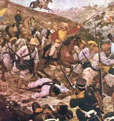 Historical painting of the Battle of Boyacá during the independence of Colombia.