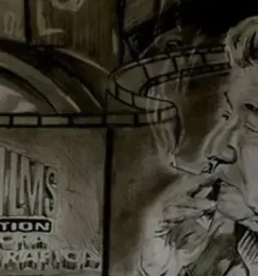Retrato en mural de Jairo Pinilla con cinta de película y logotipo Sono Films