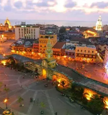 Historic center of Cartagena illuminated at sunset with panoramic view
