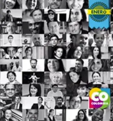 Collage de rostros colombianos en blanco y negro con logo de Marca País