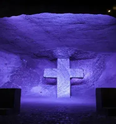 Illuminated salt cross in the Salt Cathedral of Zipaquira