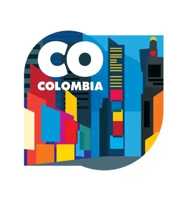 Ilustración vibrante de rascacielos que representa un paisaje urbano, con "CO COLOMBIA".