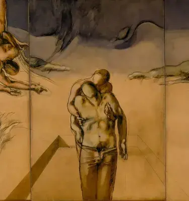 Luis Caballero triptych nude expressionist figures sepia tones