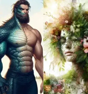 Digital collage of Colombian myths including La Llorona, El Mohán, and forest spirits